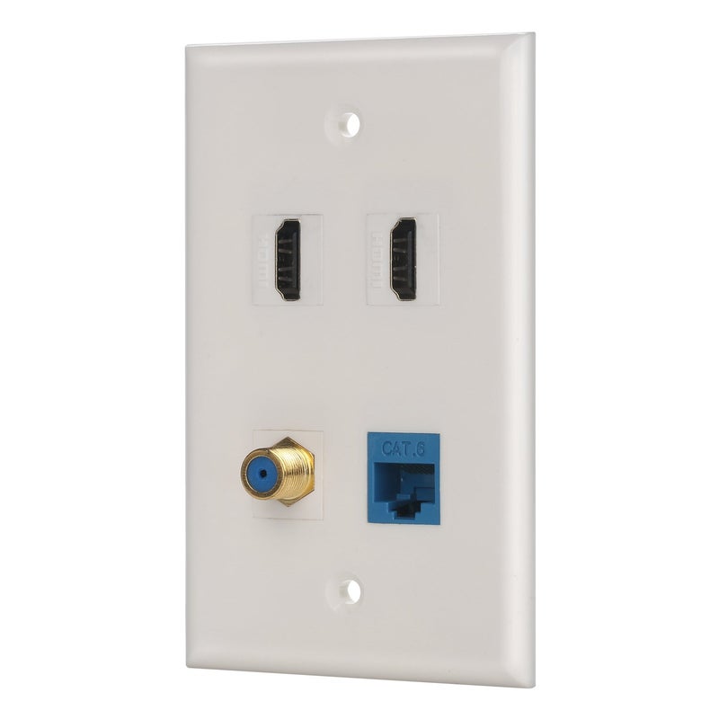 IBL-4 Port Wall Plate with Coaxial TV Cable F Type + Cat6 Ethernet +2 HDMI Keystone Female to Female Jack in White - Image 1